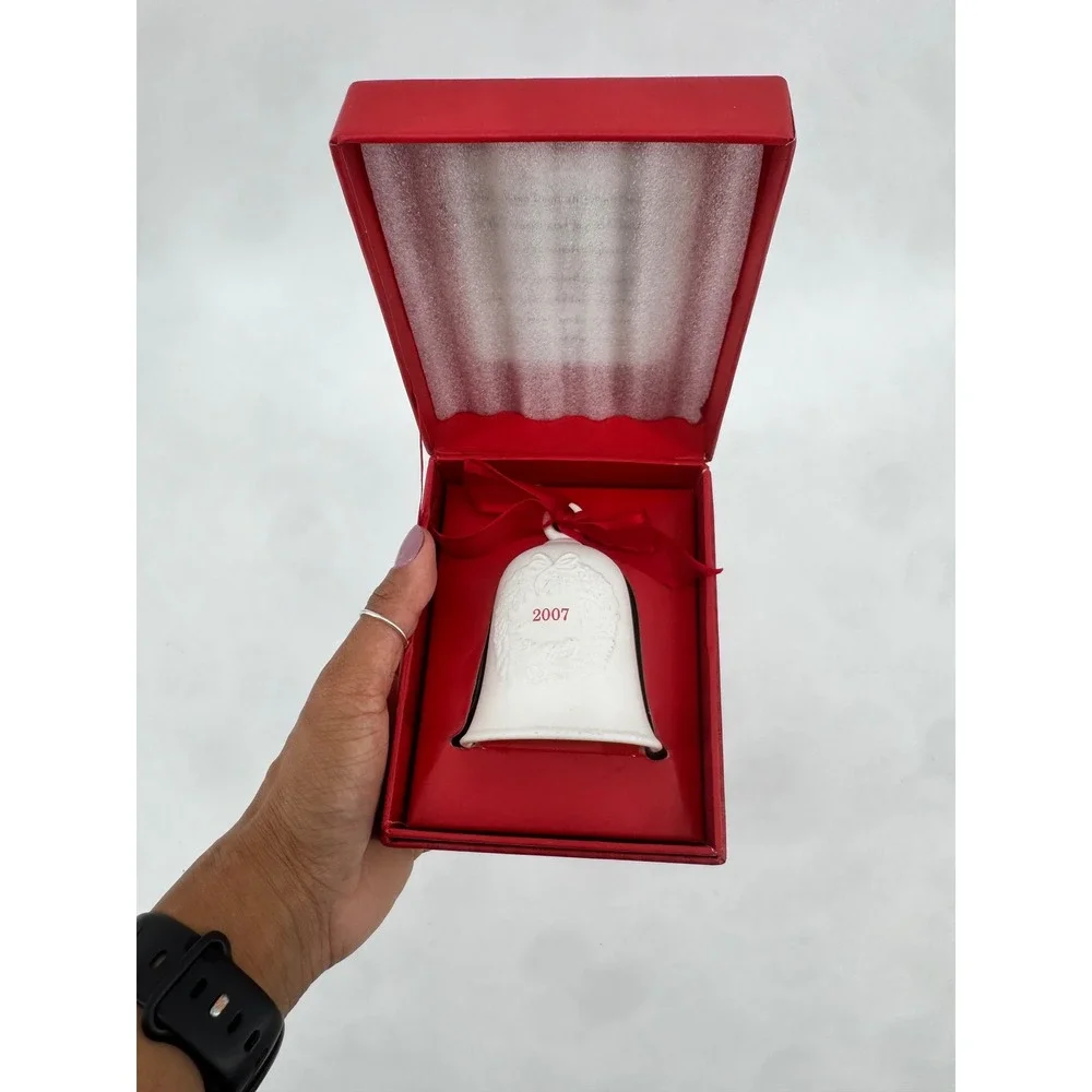 Hallmark 2007 Porcelain Dated Bell White Christmas Ornament with Red Ribbon Box